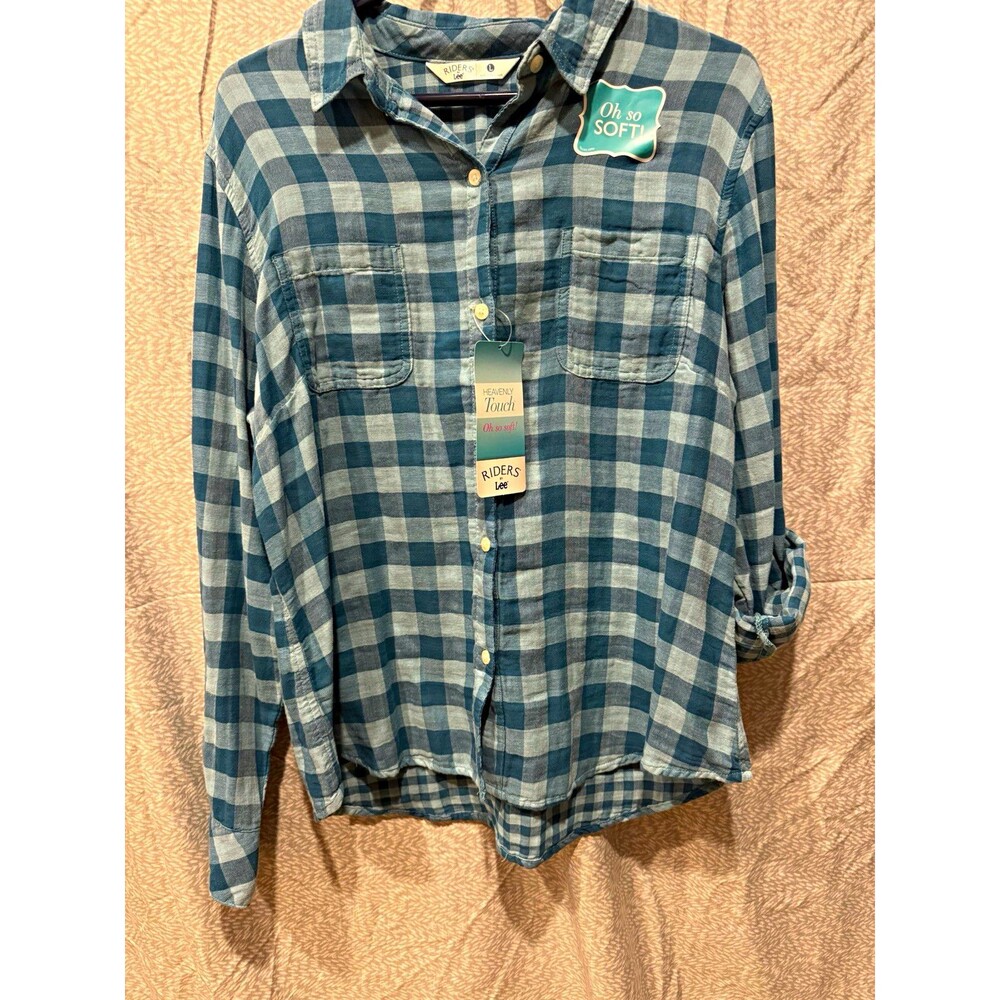 Riders by Lee woman’s Long Sleeve teal blue Plaid Cotton Woven Button-Up Shirt